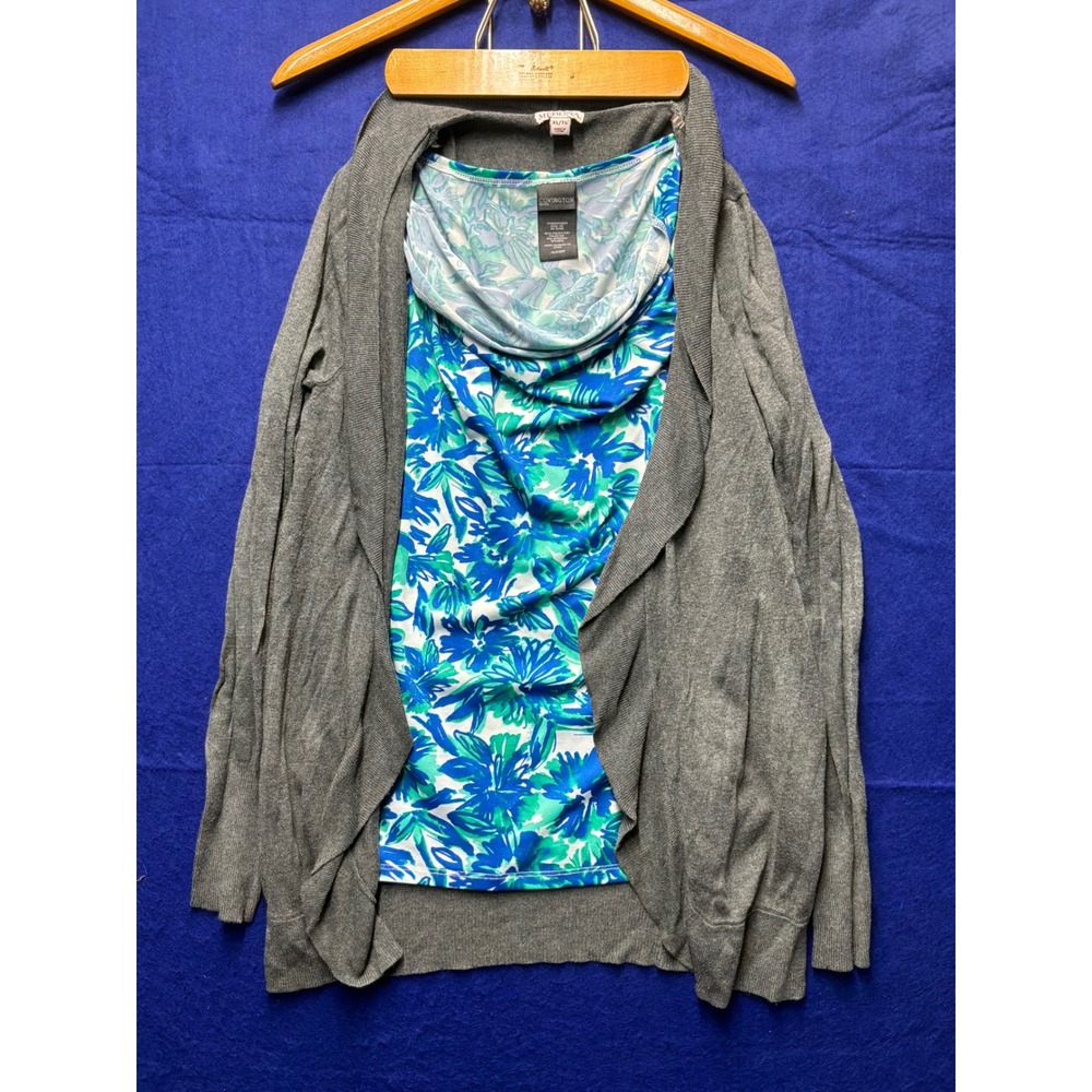 [Officecore] Womens Merona Covington‎ Cardigan Shell Set XL Grey Blue Floral